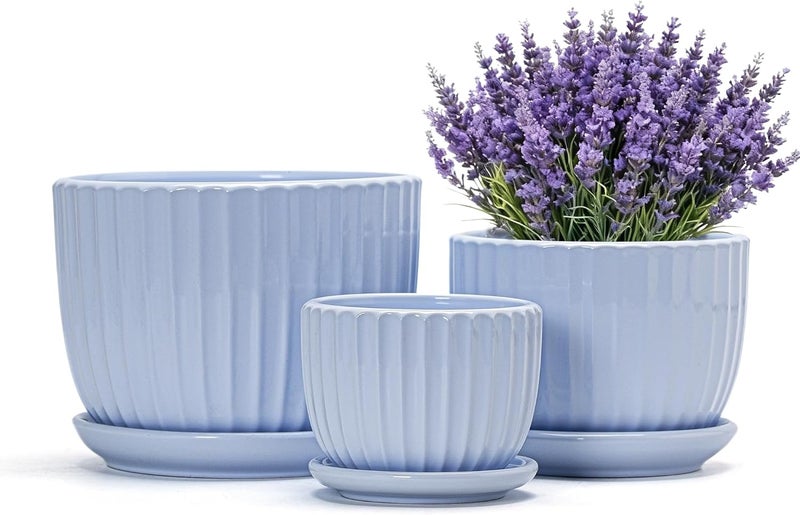 Ton Sin Sky Blue Ceramic Flower Pots, 4"+5"+6" Inch Small Succulent Planters with Drainage Hole,Modern Indoor Decorative Plant Pots Set of 3,Garden Pots with Saucer(Blue) - Image 1